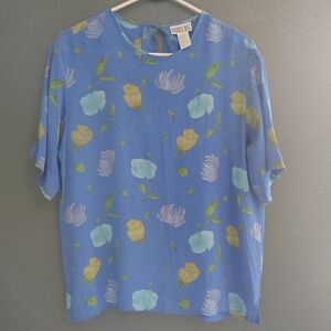 Robbie Bee Silk Top with Blue and Green Floral Pattern